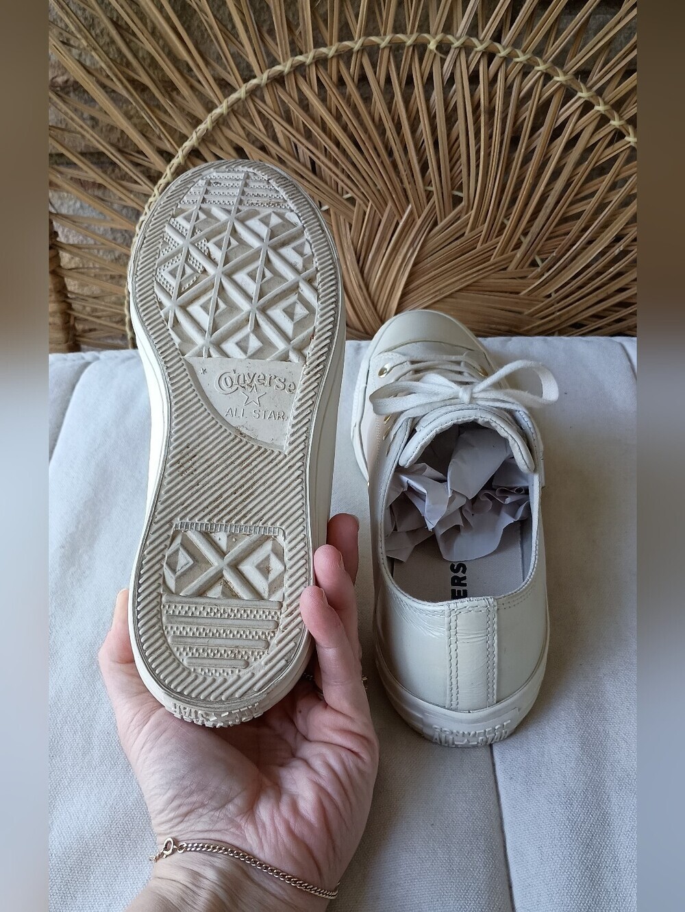 Converse White Low Top Sneakers with Gold Eyelets_9.5 - Picture 5 of 9